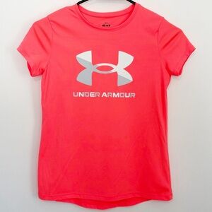 5/20$ UNDER ARMOUR Short Sleeve Tee Loose Fit Neon Coral Pink Girls Youth Medium